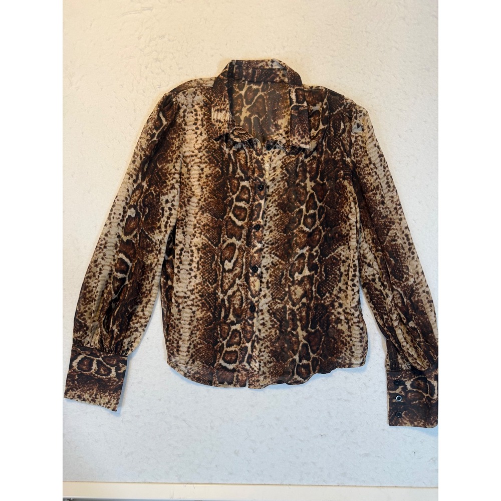 Women Brown Animal Snakeskin Print Sheer Button Up Blouse Size L 8/10